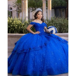 2024 Arabic Style Blue Quinceanera Dresses Off Shoulder Ball Gown Prom Dress With Appliques Sweet 16 vestidos de 15 anos