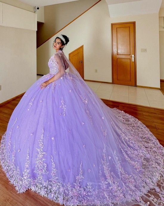 3D Flower Applique Lilac Quinceanera Dress 2024 Ball Gown Corset Mexican Sweet 16 Vestido De 15 Anos With Cape