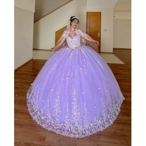 3D Flower Applique Lilac Quinceanera Dress 2024 Ball Gown Corset Mexican Sweet 16 Vestido De 15 Anos With Cape