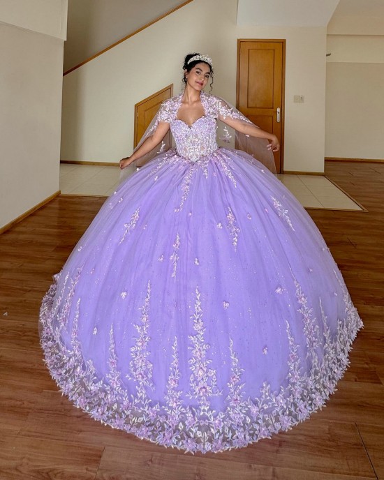 3D Flower Applique Lilac Quinceanera Dress 2024 Ball Gown Corset Mexican Sweet 16 Vestido De 15 Anos With Cape