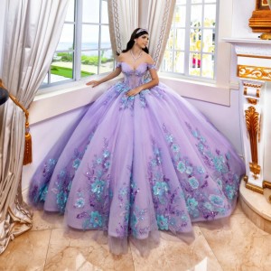 3D Flowers Sweet 15 16 Party Dress Off Shoulder Lavender Quinceanera Dress 2024 Ball Gown Formal Prom Dresses