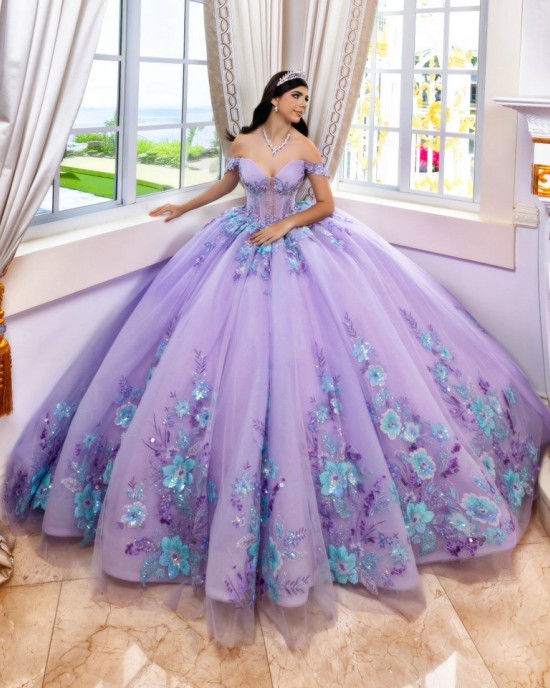 3D Flowers Sweet 15 16 Party Dress Off Shoulder Lavender Quinceanera Dress 2024 Ball Gown Formal Prom Dresses