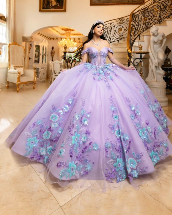 3D Flowers Sweet 15 16 Party Dress Off Shoulder Lavender Quinceanera Dress 2024 Ball Gown Formal Prom Dresses