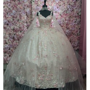 Cape Sleeve Pink Quinceanera Dresses 2024 Sweet 15 Year Old Dress Party Dress Luxury Ball Gown Prom Dress Customized