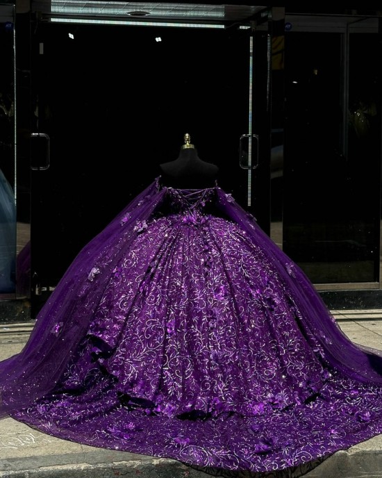 Cape Sleeve Purple Quinceanera Dress Beading Sweetheart Neck Vestidos De 15 Anos Sequin Instagram Gowns Lace Appliques Princess Dress