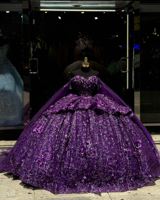 Cape Sleeve Purple Quinceanera Dress Beading Sweetheart Neck Vestidos De 15 Anos Sequin Instagram Gowns Lace Appliques Princess Dress