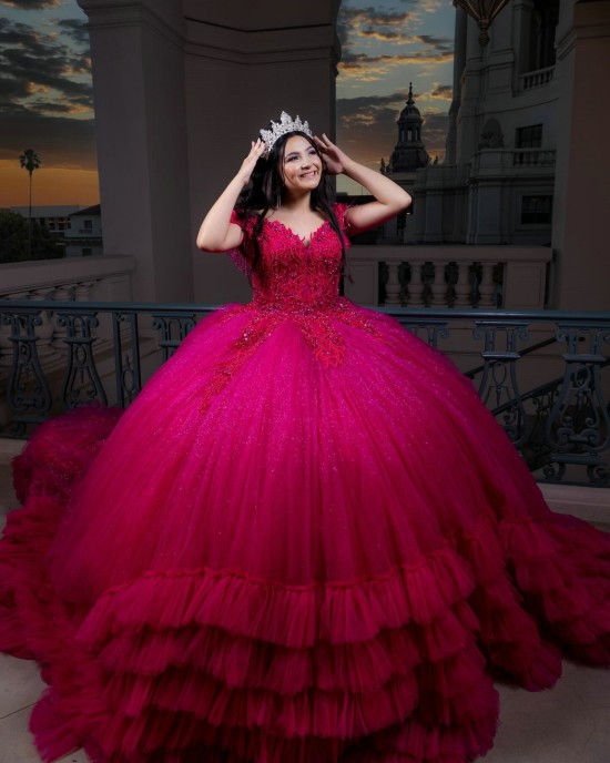 Customized Hot Pink Quinceanera Dress Tiered Ball Gown Gold Lace Applique Sweet 16 Vestidos De 15 Anos