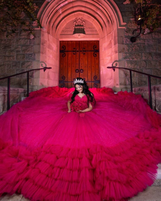 Customized Hot Pink Quinceanera Dress Tiered Ball Gown Gold Lace Applique Sweet 16 Vestidos De 15 Anos