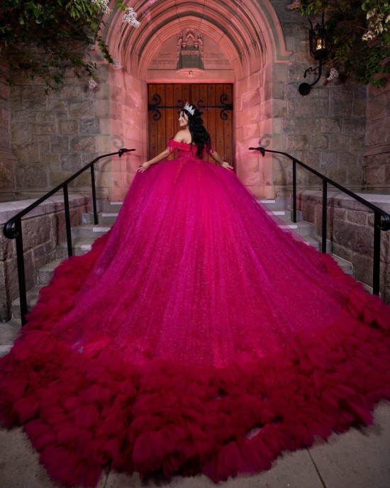 Customized Hot Pink Quinceanera Dress Tiered Ball Gown Gold Lace Applique Sweet 16 Vestidos De 15 Anos