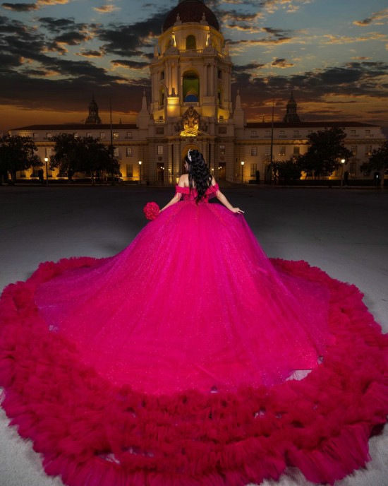 Customized Hot Pink Quinceanera Dress Tiered Ball Gown Gold Lace Applique Sweet 16 Vestidos De 15 Anos