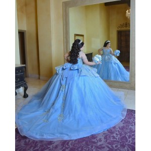 Customized Sky Blue Ball Gown Quinceanera Dresses 2025 Glitter Tulle Sweet 16 Evening Dress Vestido De 15 Anos