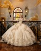 Detachable Sleeve Vestidos De 15 Anos Sequin Champagne Quinceanera Dress Lace Appliques Spaghetti Strap Sweetheart Neck Princess Dress With Bow