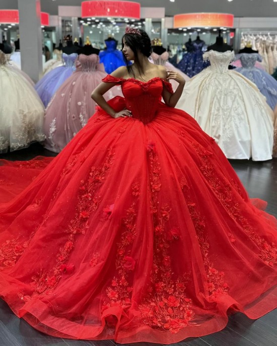 Elegant Red Quinceanera Dress Women Tulle Ball Gown Off The Shoulder Prom Dress 3D Flowers Sweet 16 Dress