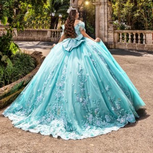 Floral Applique Aqua Blue Vestidos De 15 Anos Off Shoulder Ballgown With Train Quinceanera Dress 2024 Cocktail Dresses