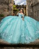 Floral Applique Aqua Blue Vestidos De 15 Anos Off Shoulder Ballgown With Train Quinceanera Dress 2024 Cocktail Dresses