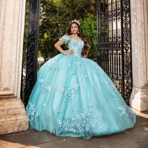 Floral Applique Aqua Blue Vestidos De 15 Anos Off Shoulder Ballgown With Train Quinceanera Dress 2024 Cocktail Dresses