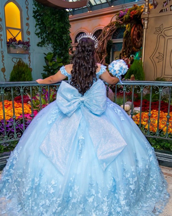 Glitter 2024 Sky Blue Quinceanera Dress Ball Gown 3D Lace Applique Beading With Bow Corset Sweet 16 Vestido De 15 Anos