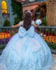 Glitter 2024 Sky Blue Quinceanera Dress Ball Gown 3D Lace Applique Beading With Bow Corset Sweet 16 Vestido De 15 Anos