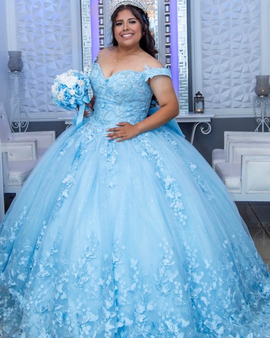 Glitter 2024 Sky Blue Quinceanera Dress Ball Gown 3D Lace Applique Beading With Bow Corset Sweet 16 Vestido De 15 Anos