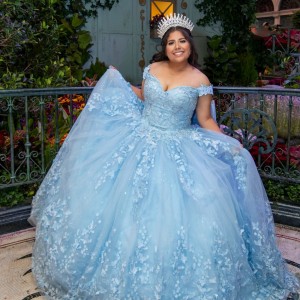 Glitter 2024 Sky Blue Quinceanera Dress Ball Gown 3D Lace Applique Beading With Bow Corset Sweet 16 Vestido De 15 Anos