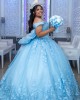 Glitter 2024 Sky Blue Quinceanera Dress Ball Gown 3D Lace Applique Beading With Bow Corset Sweet 16 Vestido De 15 Anos