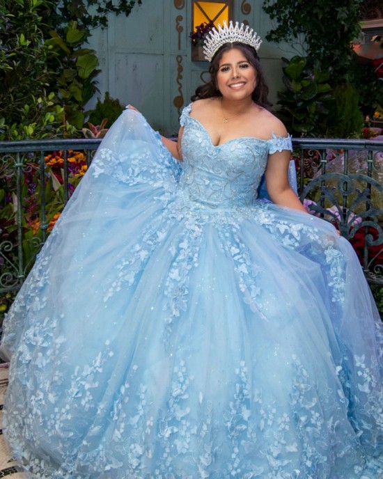 Glitter 2024 Sky Blue Quinceanera Dress Ball Gown 3D Lace Applique Beading With Bow Corset Sweet 16 Vestido De 15 Anos