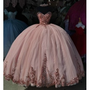 Glitter Pink Quinceanera Dress Sweetheart Neck Ball Gown Crystal Corset Sweet 16 Vestidos De 15 Anos