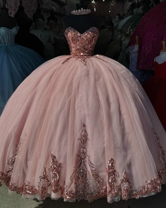 Glitter Pink Quinceanera Dress Sweetheart Neck Ball Gown Crystal Corset Sweet 16 Vestidos De 15 Anos