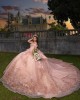 Glitter Rose Gold Quinceanera Dress Ball Gown Lace Applique Beading Crystal Corset Sweet 16 Vestido De 15 Anos