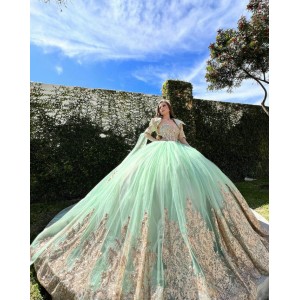 Jacket Green On Gold Quinceanera Dress Wear Pageant Vestidos De 15 Anos Lace Appliques Wear Pageant