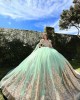 Jacket Green On Gold Quinceanera Dress Wear Pageant Vestidos De 15 Anos Lace Appliques Wear Pageant