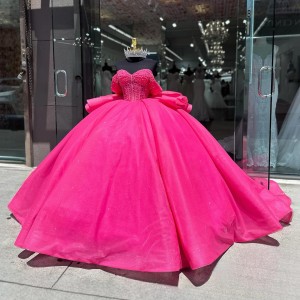 Hot Pink Quince Dress Off Shoulder Vestidos De 15 Anos Pearl Birthday Gowns Sweet 15 16 Dresses With Bow