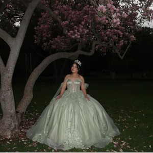 Lace Appliqued Sage Green Quinceanera Dresses With Corset Bodice And Shawl Sleeves