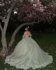 Lace Appliqued Sage Green Quinceanera Dresses With Corset Bodice And Shawl Sleeves