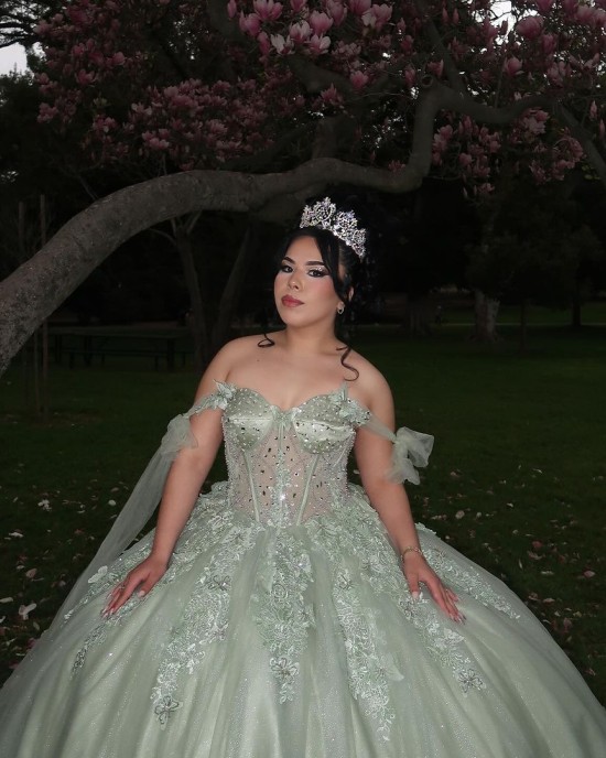 Lace Appliqued Sage Green Quinceanera Dresses With Corset Bodice And Shawl Sleeves