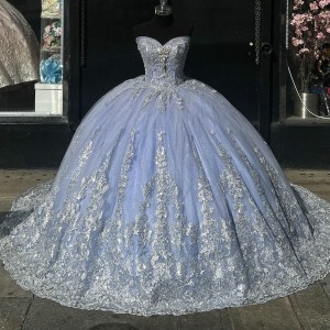 Lace Appliqued Silverish Blue Quinceanera Dresses Lavender Sweet 16 Dress