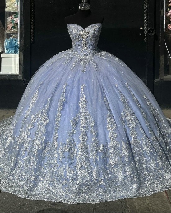 Lace Appliqued Silverish Blue Quinceanera Dresses Lavender Sweet 16 Dress