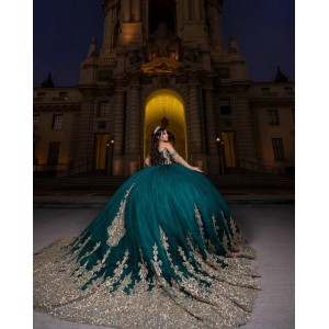 Long Sleeve Emerald Green Quince Dress Lace Appliques Girls Ball Gown Sweet 16 Dresses Sweetheart Neck Vestidos De 15 Anos