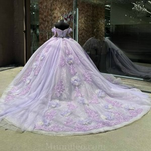 Long Sleeve Vestidos De 15 Anos Lilac Quince Dress Sequin Crystal Girl Birthday Gowns With 3D Flowers