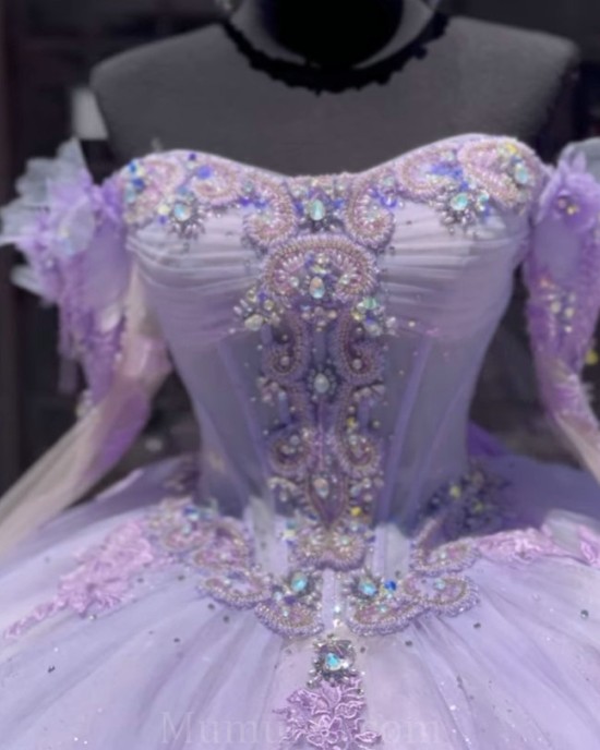 Long Sleeve Vestidos De 15 Anos Lilac Quince Dress Sequin Crystal Girl Birthday Gowns With 3D Flowers