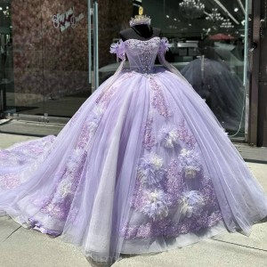 Long Sleeve Vestidos De 15 Anos Lilac Quince Dress Sequin Crystal Girl Birthday Gowns With 3D Flowers