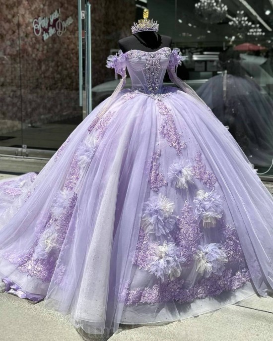 Long Sleeve Vestidos De 15 Anos Lilac Quince Dress Sequin Crystal Girl Birthday Gowns With 3D Flowers