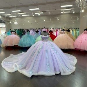 Luxury Lilac Quinceanera Ball Gown Dresses 3D Floral Lace Applique Sleeveless Sweet 16 Floor Length Party Prom Dress