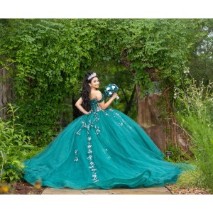 Off Shoulder Green Quince Dress 15 Anos Crystal V Neck Women 2024 Ball Gown Lace Appliques Sequin Girl Birthday Gowns