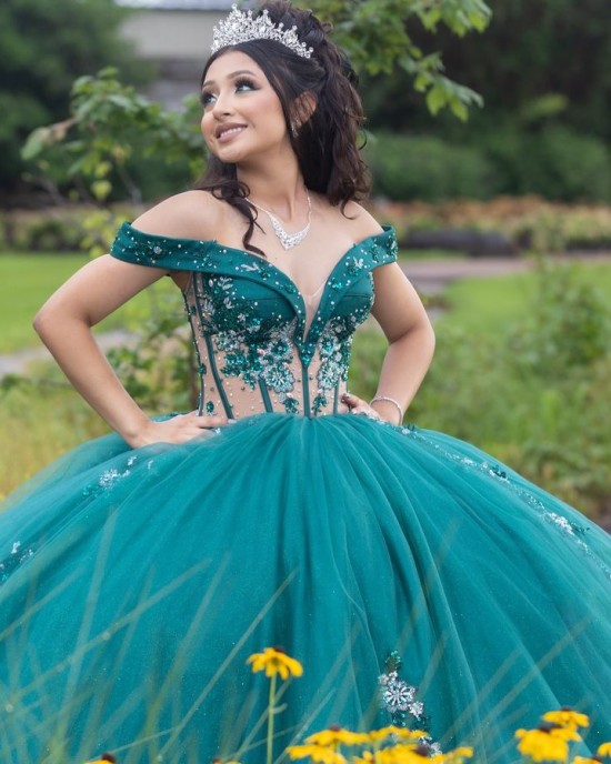 Off Shoulder Green Quince Dress 15 Anos Crystal V Neck Women 2024 Ball Gown Lace Appliques Sequin Girl Birthday Gowns