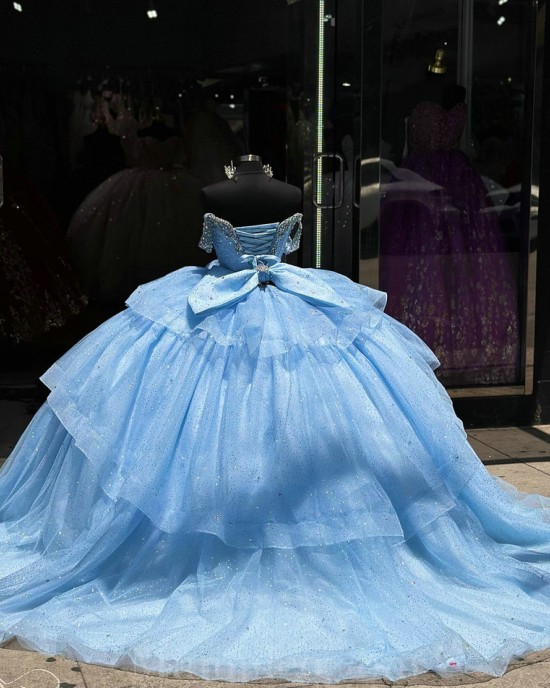 Off Shoulder Sky Blue Quince Dress Crystal Wear Pageant Sweetheart Neck Vestidos De 15 Anos Sequin Instagram Gowns With Bow