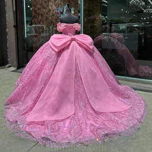 Off Shoulder Vestidos De 15 Anos Fuchsia Quince Dress Sequin Girl Birthday Gowns Sweetheart Neck Sweet 15 Gown With Bow