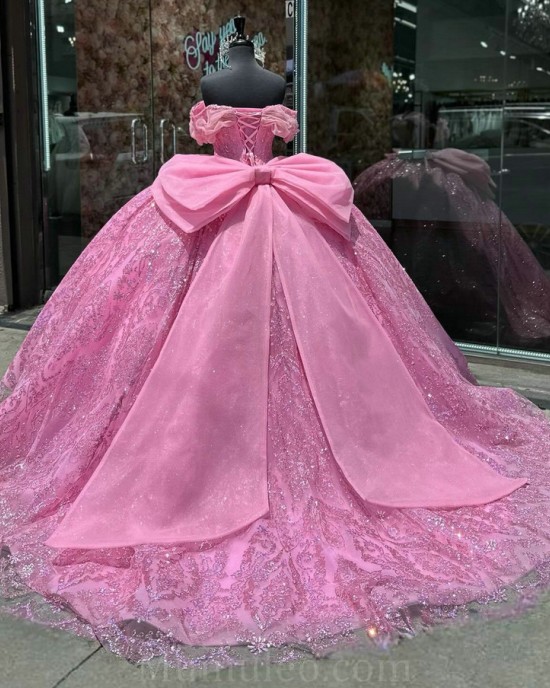 Off Shoulder Vestidos De 15 Anos Fuchsia Quince Dress Sequin Girl Birthday Gowns Sweetheart Neck Sweet 15 Gown With Bow