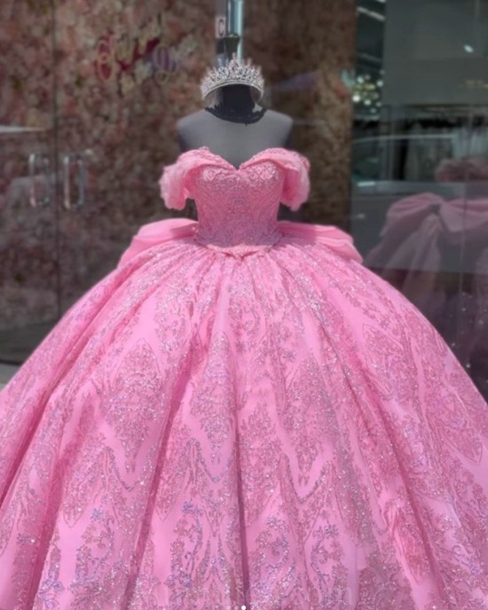 Off Shoulder Vestidos De 15 Anos Fuchsia Quince Dress Sequin Girl Birthday Gowns Sweetheart Neck Sweet 15 Gown With Bow