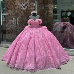 Off Shoulder Vestidos De 15 Anos Fuchsia Quince Dress Sequin Girl Birthday Gowns Sweetheart Neck Sweet 15 Gown With Bow